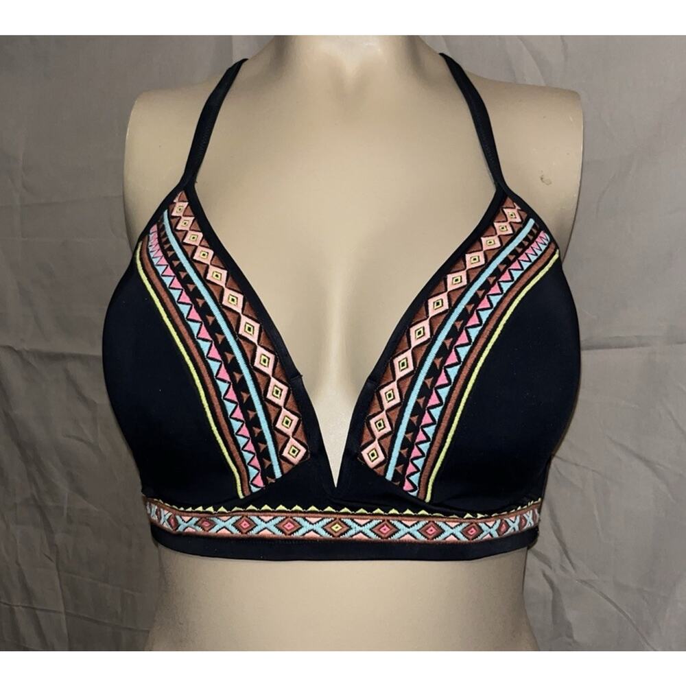 Shade & Shore WOMEN'S BLACK WITH AZTEC PRINT PADDED CUPS Bikini Bra Top 36DD - Picture 2 of 10